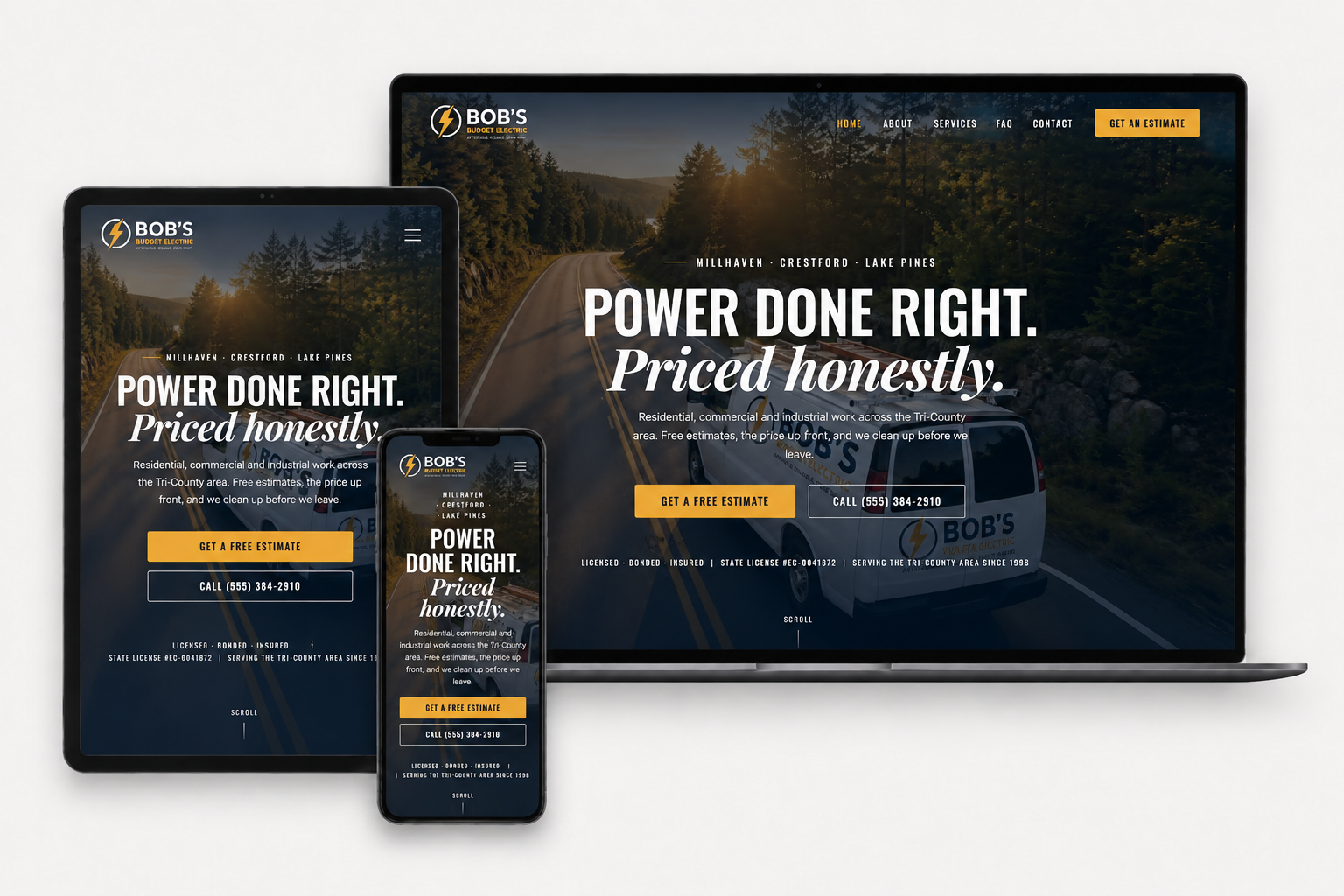 Bob's Budget Electric website shown on a laptop, tablet and phone