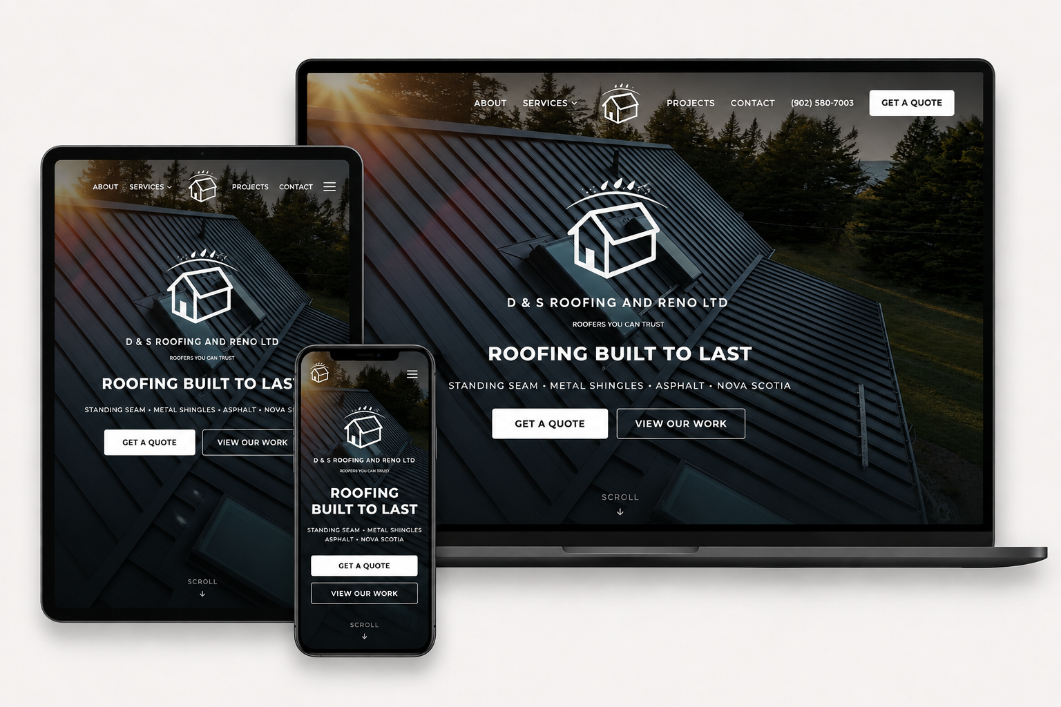 D & S Roofing and Reno Ltd website shown on a laptop, tablet and phone