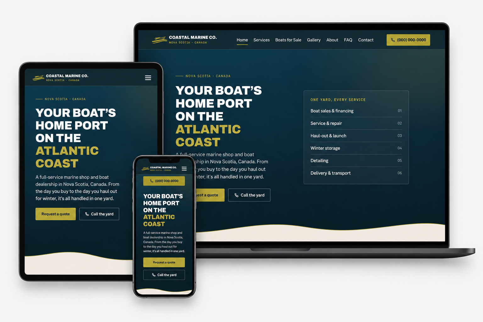 Marine services website shown on a laptop, tablet and phone