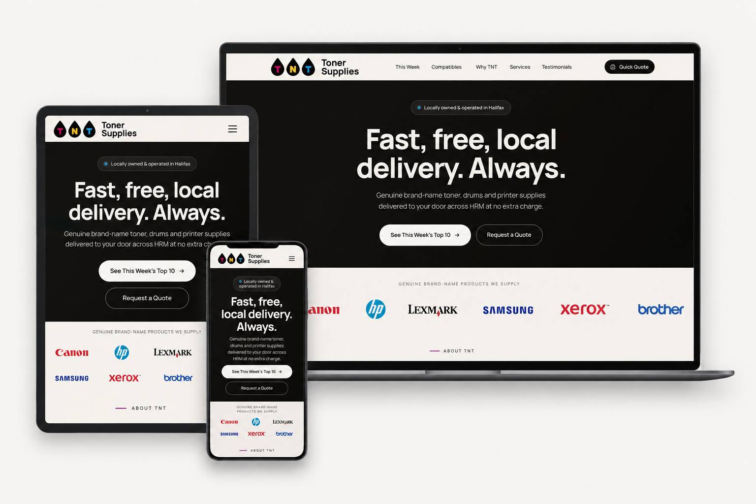 TNT Toner Supplies website shown on a laptop, tablet and phone